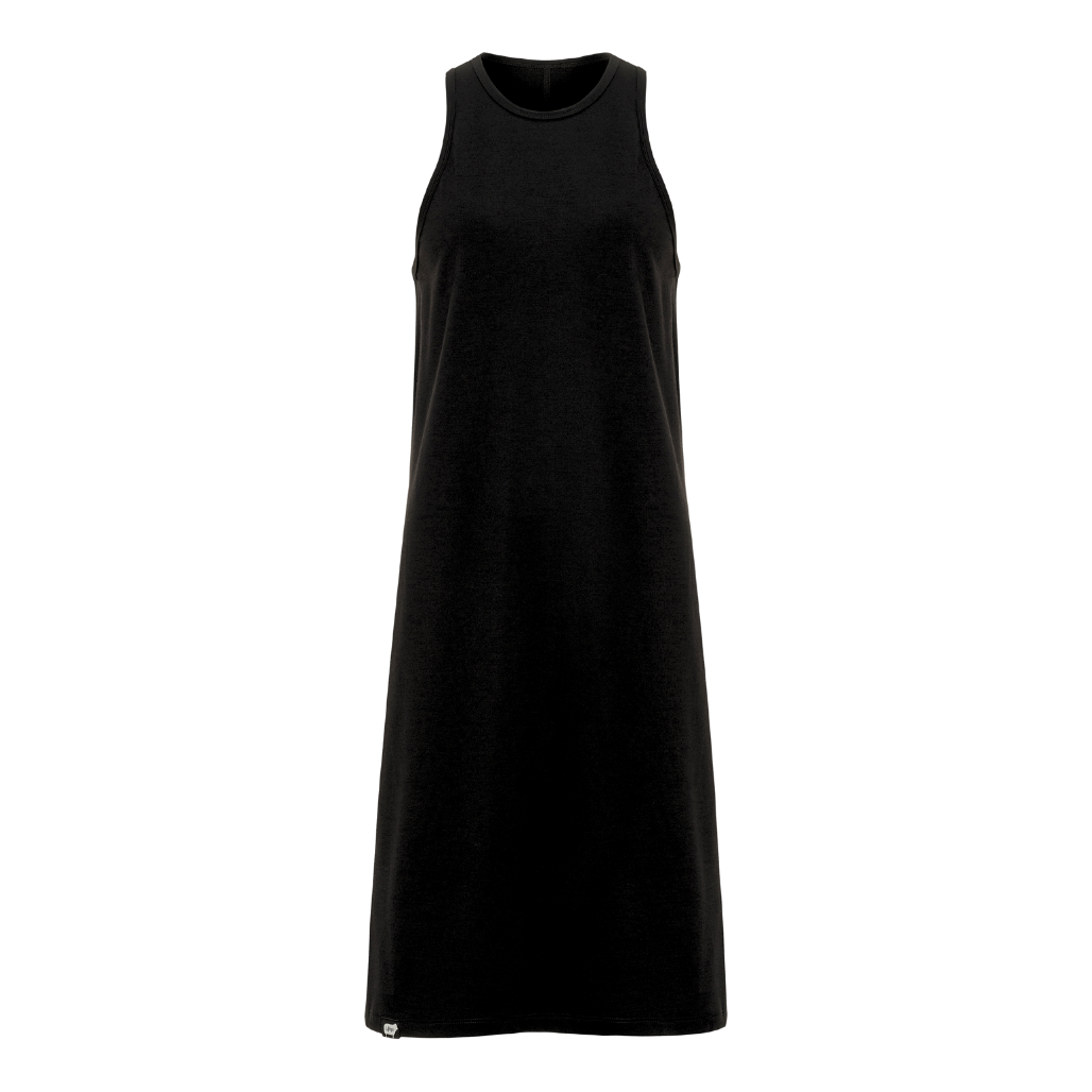 Detail shot highlighting the soft and stretchy fabric of the Everyday Merino Dress in black